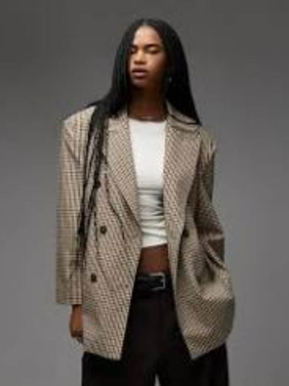 ASOS Oversized Blazer Tan Brown Checked Longline Size 6 Career Office Chic EUC